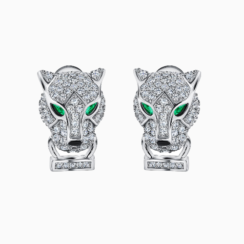 Silver Green Eyed Panther Stud Earrings with Cubic Zirconia's