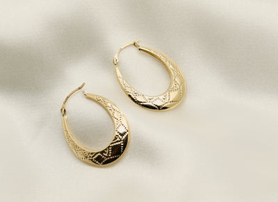 10K Gold Oval Diamond Cut Hoop Earrings