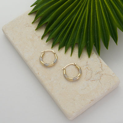 10K Gold Two Tone Lined Diamond Cut Hoop Earrings