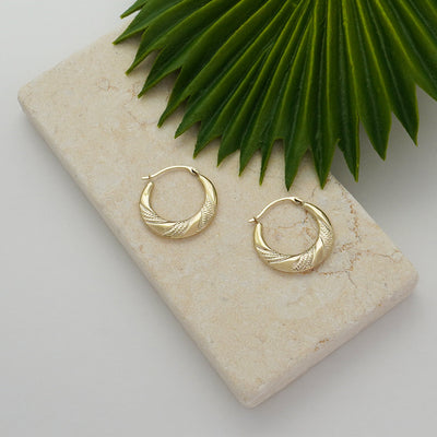 10K Gold Hammered Diamond Cut Alternating Patterened  Hoop Earrings