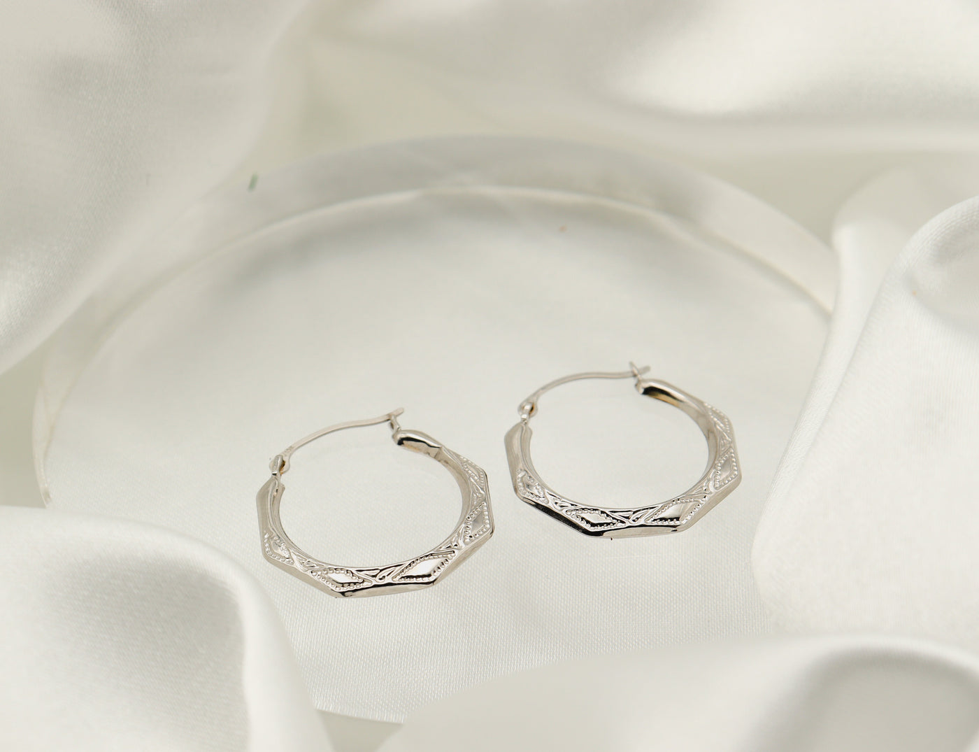 10K Gold Diamond Cut Hexagonal Hoop Earrings