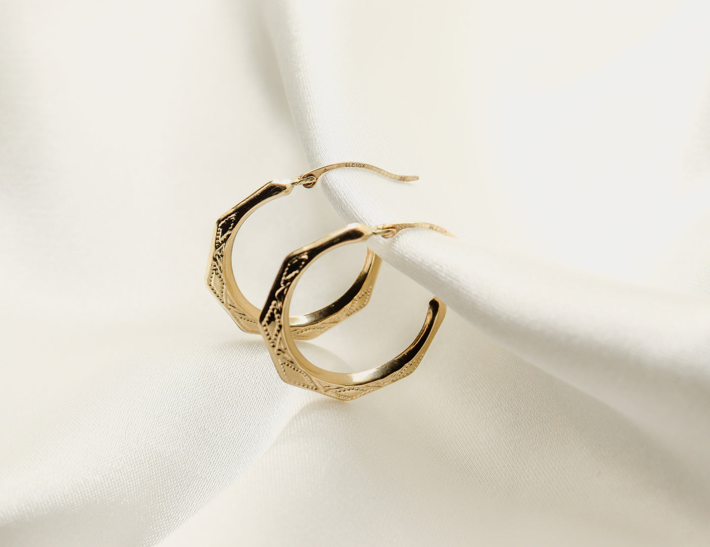 10K Gold Diamond Cut Hexagonal Hoop Earrings