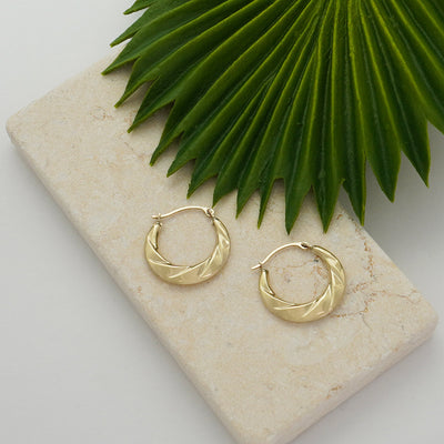 10K Gold Slash Diamond Cut Round Bib Hoop Earrings