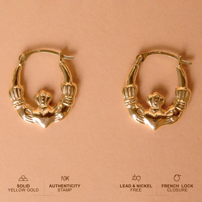 Solid Gold Irish Claddagh Hoop Earrings