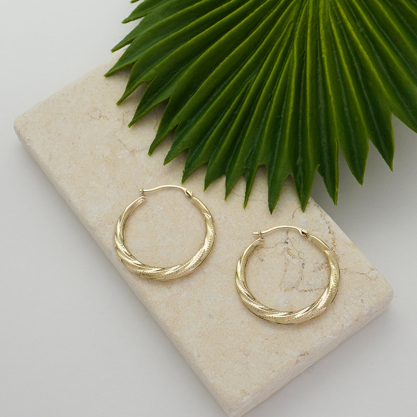 10K Gold Twist Pattern Hammered Diamond Cut Hoop Earrings