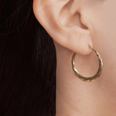 10K Gold Twist Pattern Hammered Diamond Cut Hoop Earrings