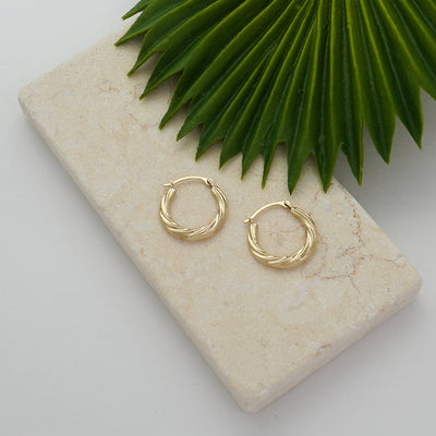 10K Gold Twist Pattern Hammered Diamond Cut Hoop Earrings