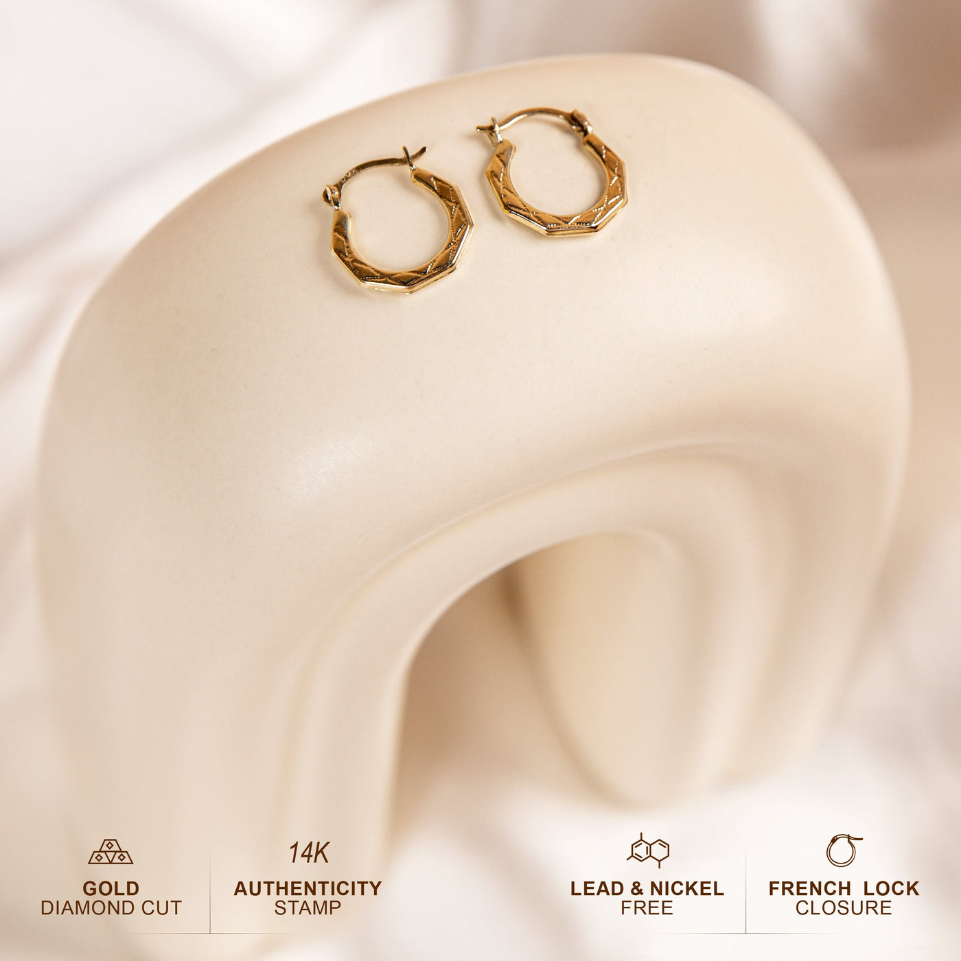 Solid Gold Oval Fancy Design Mini Hoop Earrings