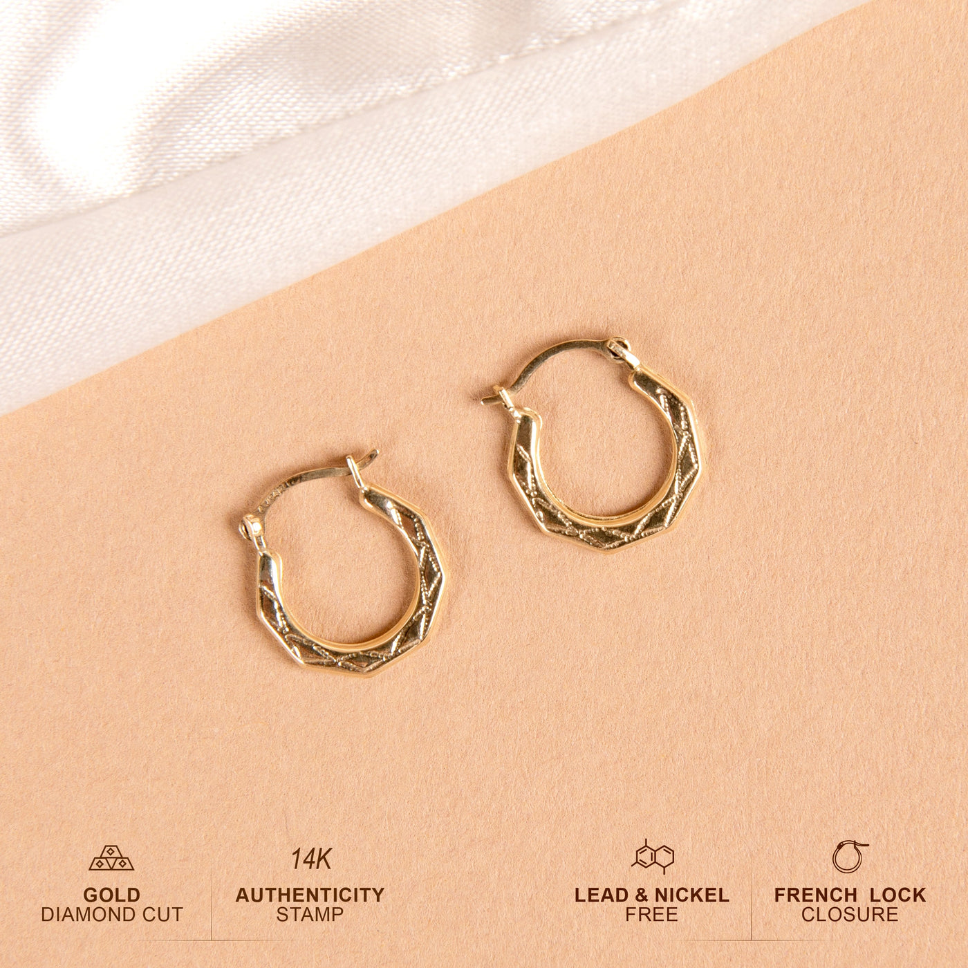 Solid Gold Oval Fancy Design Mini Hoop Earrings