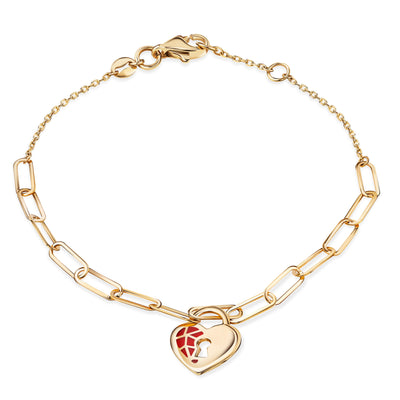 14K Gold Ruby Lock Heart Bracelet Necklace Set