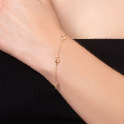 14K Solid Gold Alternating Heart Chain Bracelet