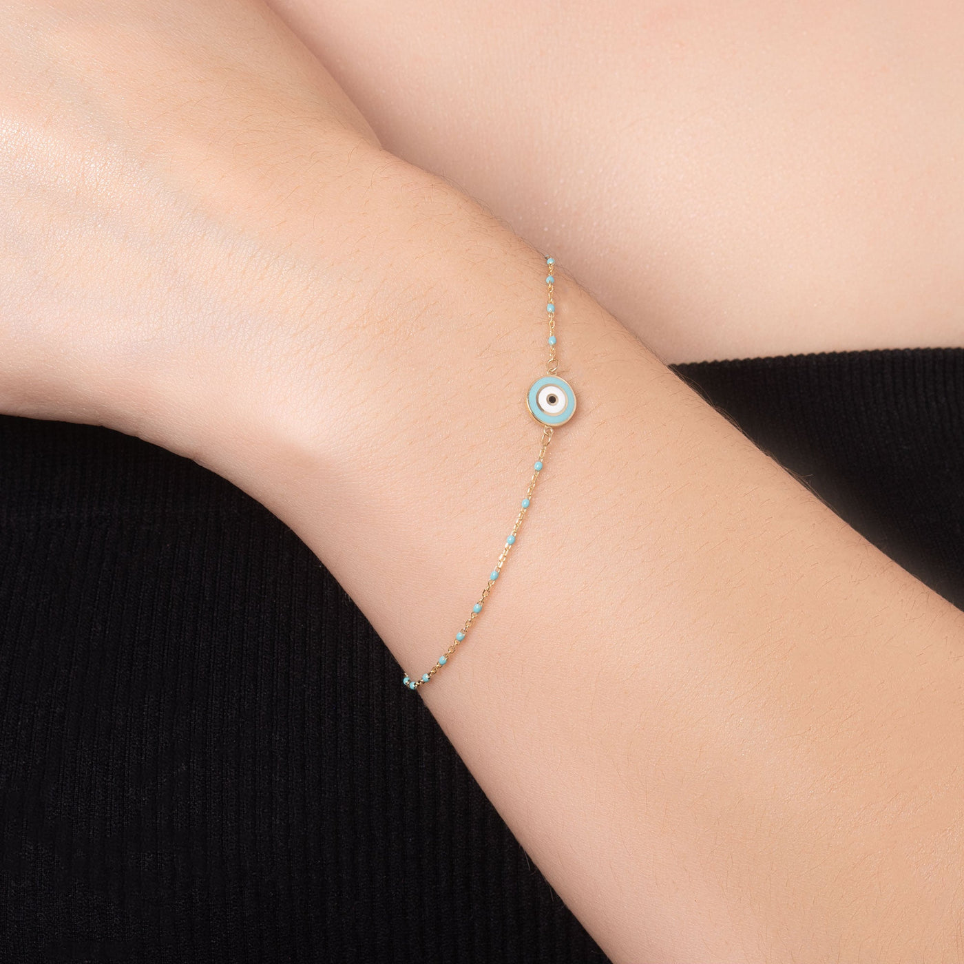 14K Solid Gold And Turquoise Chain Alternating Evil Eye Bracelet