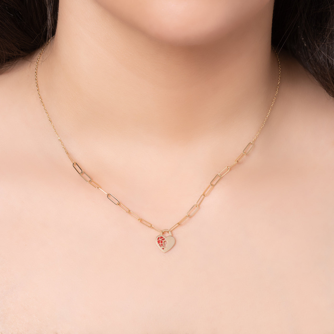 14K Gold Ruby Lock Heart Necklace