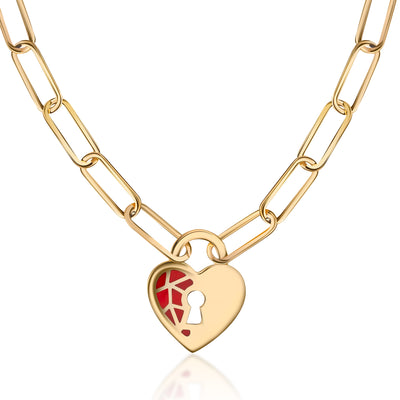 14K Gold Ruby Lock Heart Bracelet Necklace Set