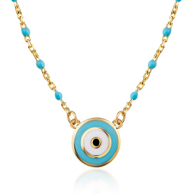 14K Solid Gold And Turquoise Chain Alternating Evil Eye Necklace