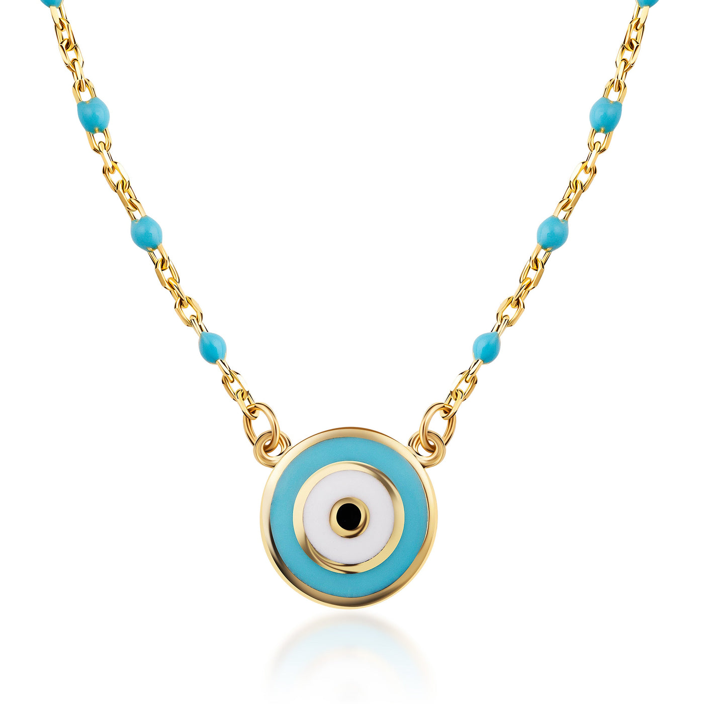 14K Solid Gold And Turquoise Chain Alternating Evil Eye Bracelet Necklace Set