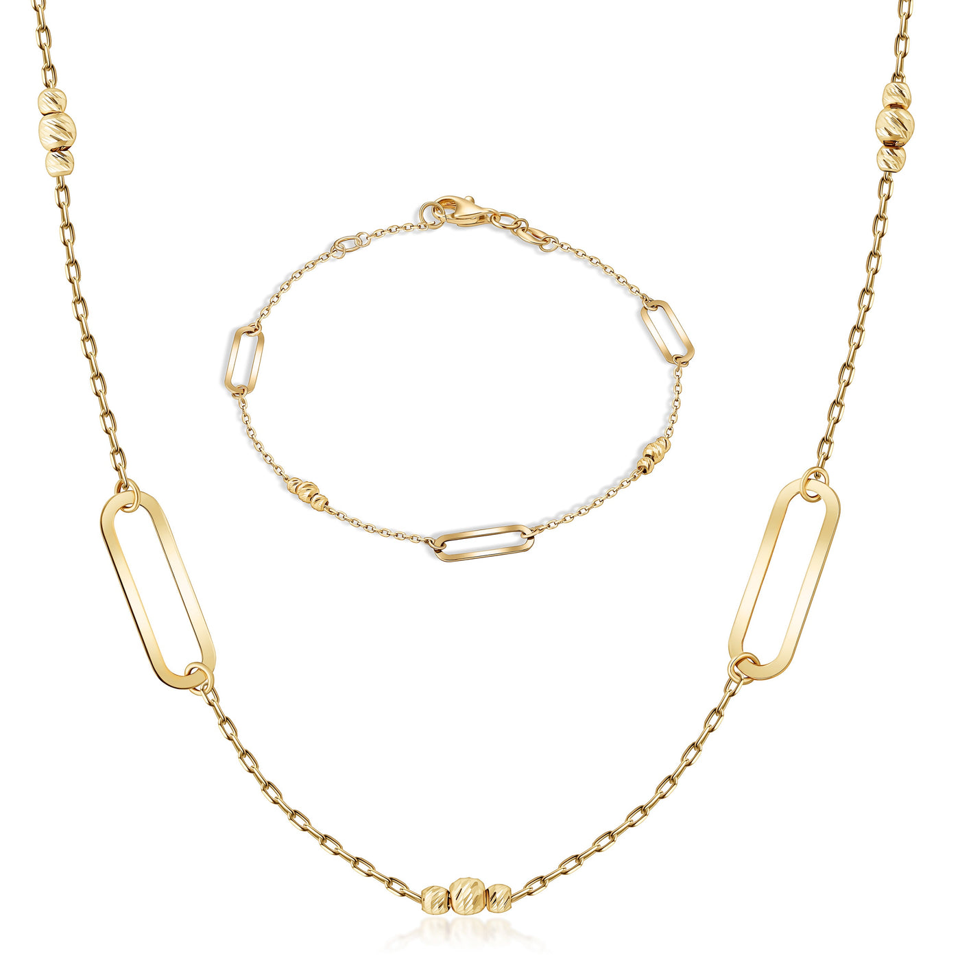 14K Solid Gold Paperclip And Diamond Cut Ball Alternating Bracelet Necklace Set