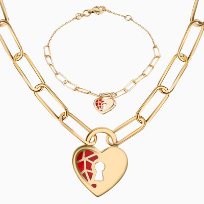 14K Gold Ruby Lock Heart Bracelet Necklace Set