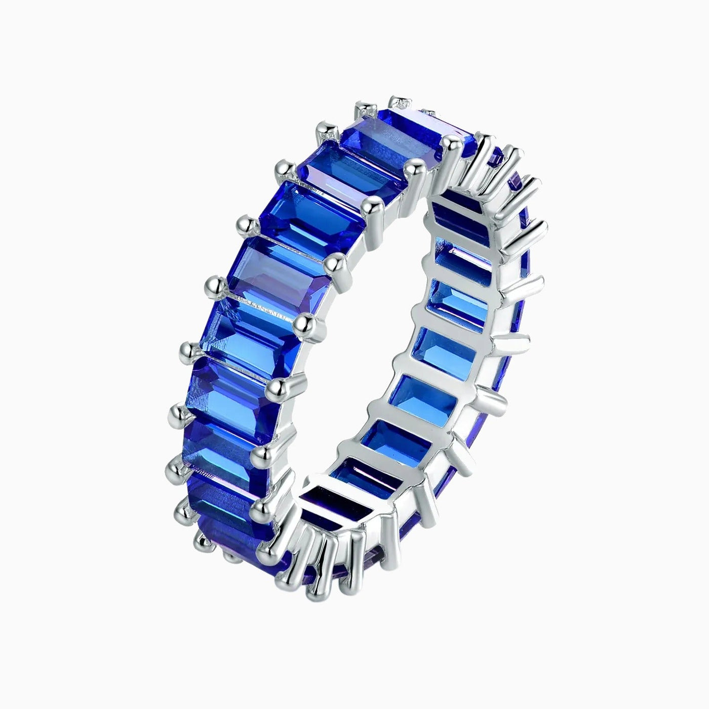 Blue Emerald Cut Silver Eternity Ring