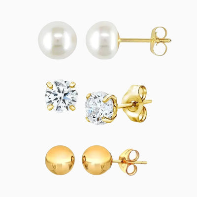 14K Gold 4MM 3 Pack Stud Earrings Set