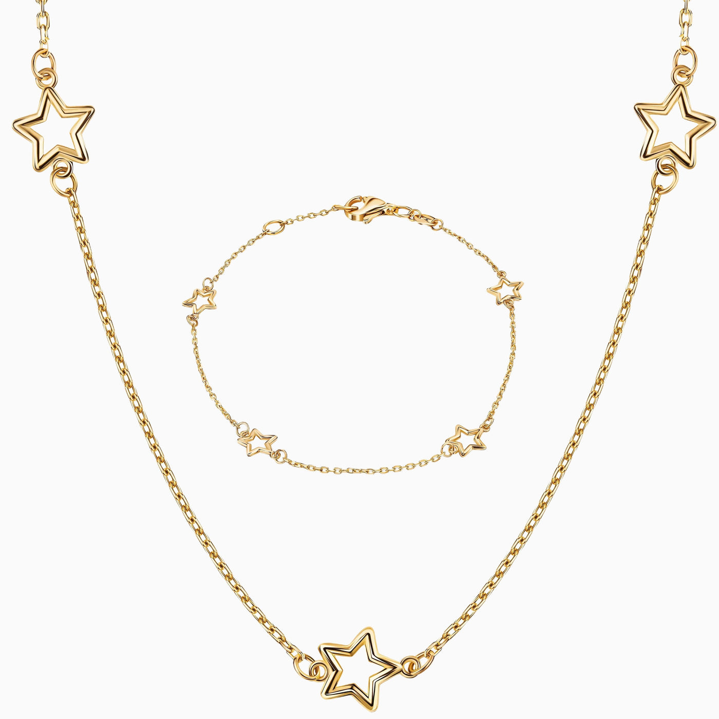 14K Solid Gold Alternating Star Chain Bracelet Necklace Set