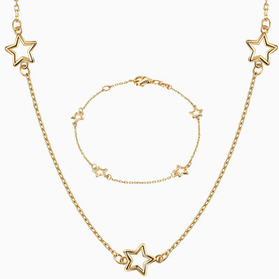 14K Solid Gold Alternating Star Chain Bracelet Necklace Set