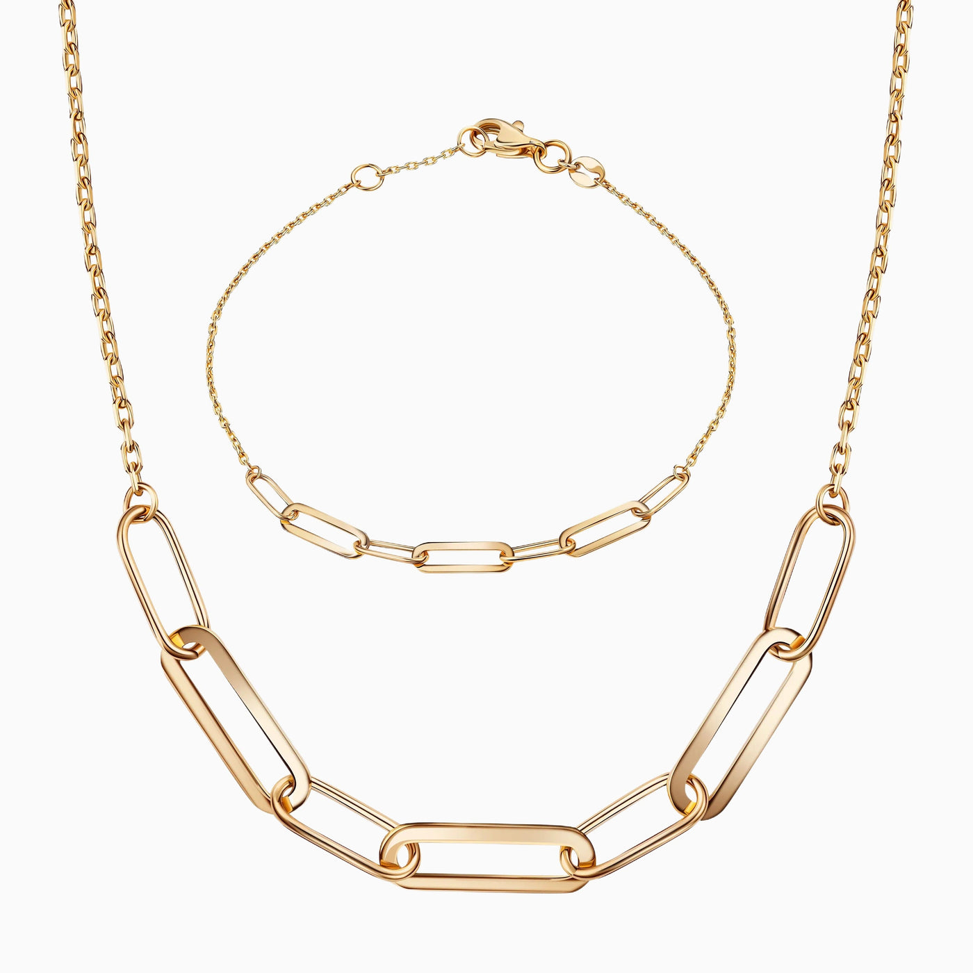 14K Solid Gold Paperclip Chain Bracelet Necklace Set