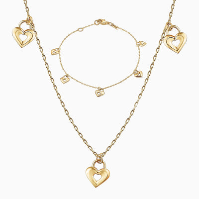 14K Solid Gold Dangling Hearts Bracelet Necklace Set