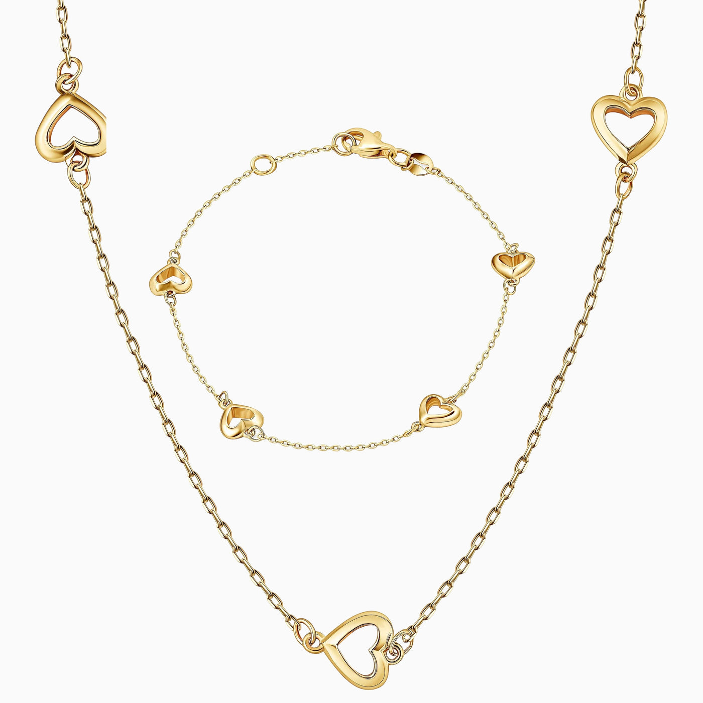 14K Solid Gold Alternating Heart Chain Bracelet Necklace Set