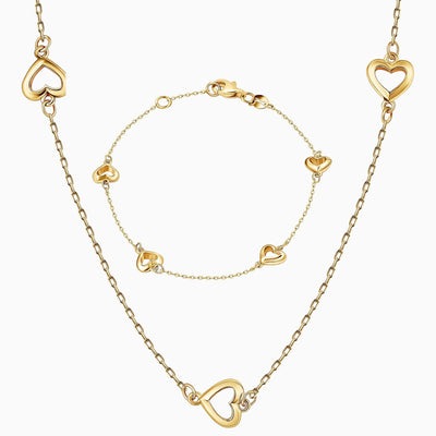 14K Solid Gold Alternating Heart Chain Bracelet Necklace Set