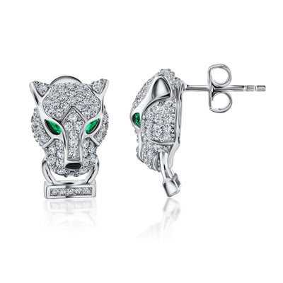 Silver Green Eyed Panther Stud Earrings with Cubic Zirconia's