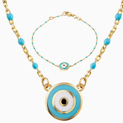 14K Solid Gold And Turquoise Chain Alternating Evil Eye Bracelet Necklace Set