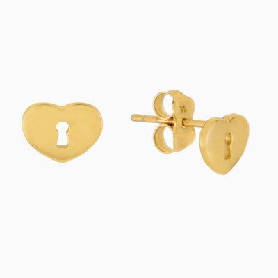 14K GOLD HEART LOCK STUD EARRINGS