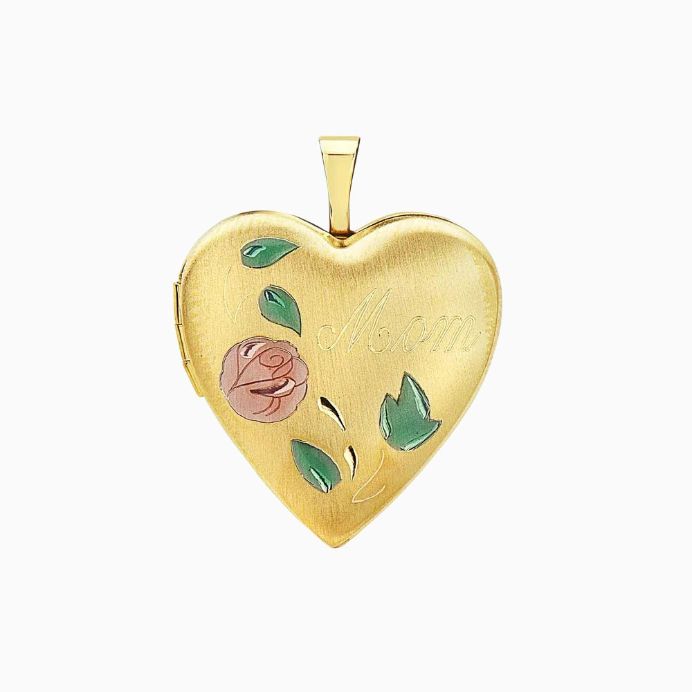 14K Gold Mom With Roses Enamel Heart Locket Pendants