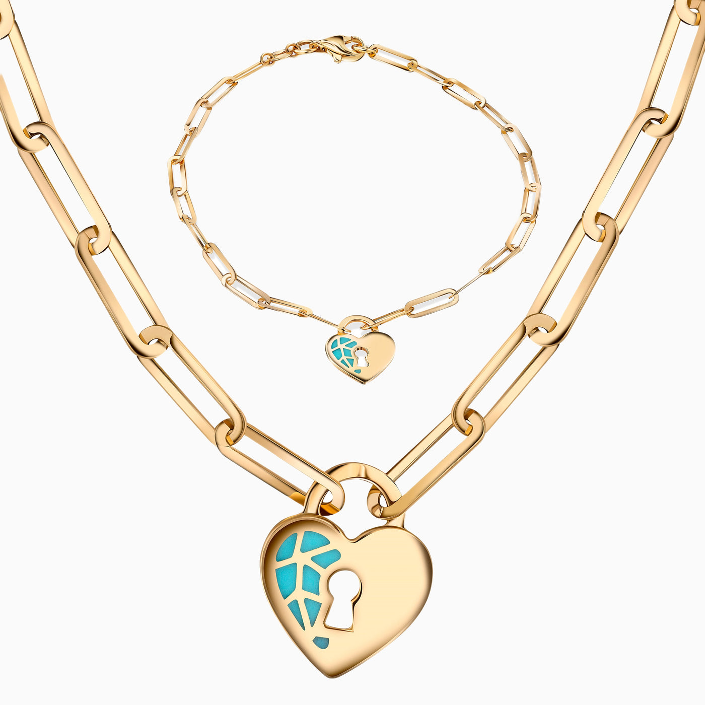 14K Gold Turquoise Heart Lock Bracelet Necklace Set