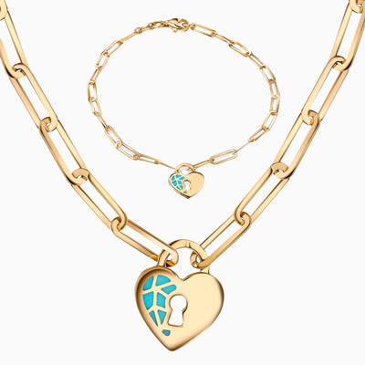 14K Gold Turquoise Heart Lock Bracelet Necklace Set