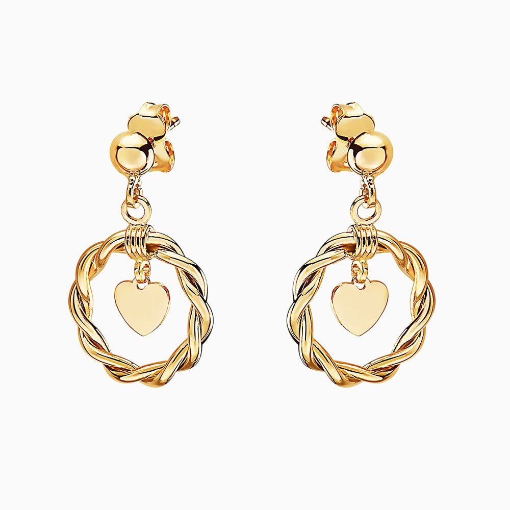 14K GOLD TWISTED HOOP & HEART DANGLE EARRINGS