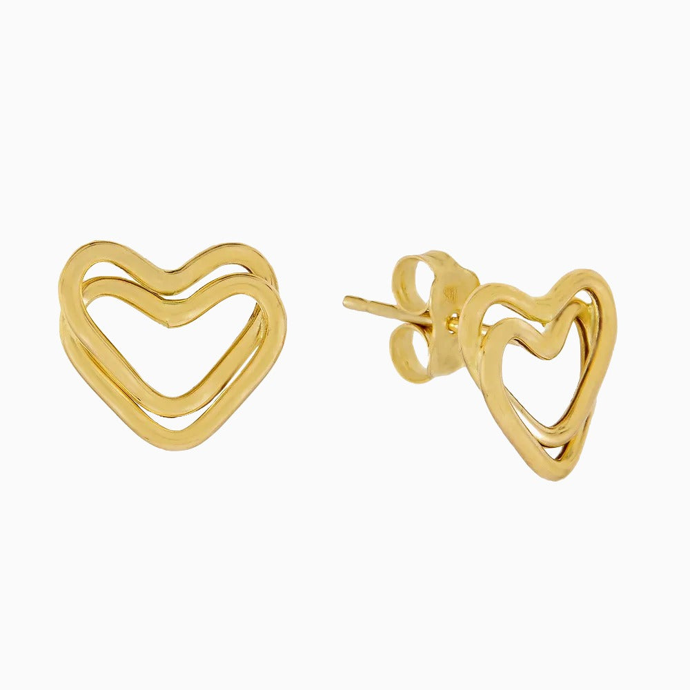 14K GOLD DOUBLE HEART STUD EARRINGS