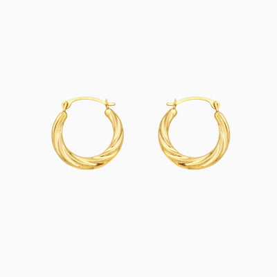 10K Gold Twist Pattern Hammered Diamond Cut Hoop Earrings