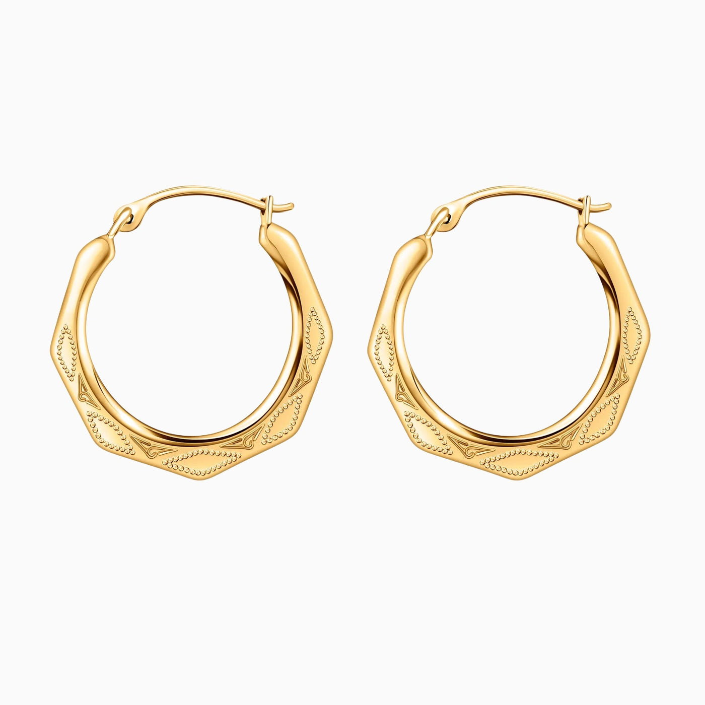 10K Gold Diamond Cut Hexagonal Hoop Earrings