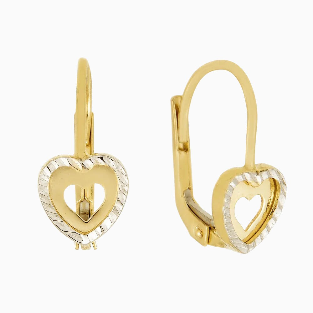 14K GOLD TWO TONED HEART LEVERBACK EARRINGS