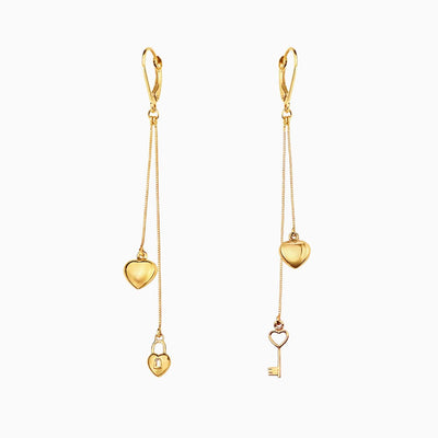 14K Gold Key & Heart Lock Dangle Earrings