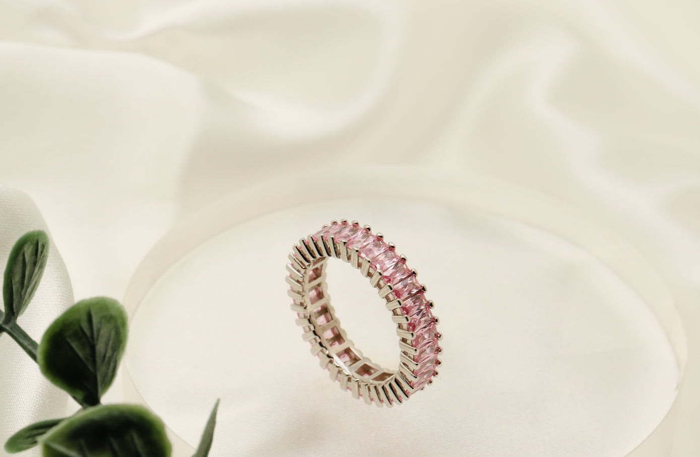 Pink Baguette Silver Eternity Ring