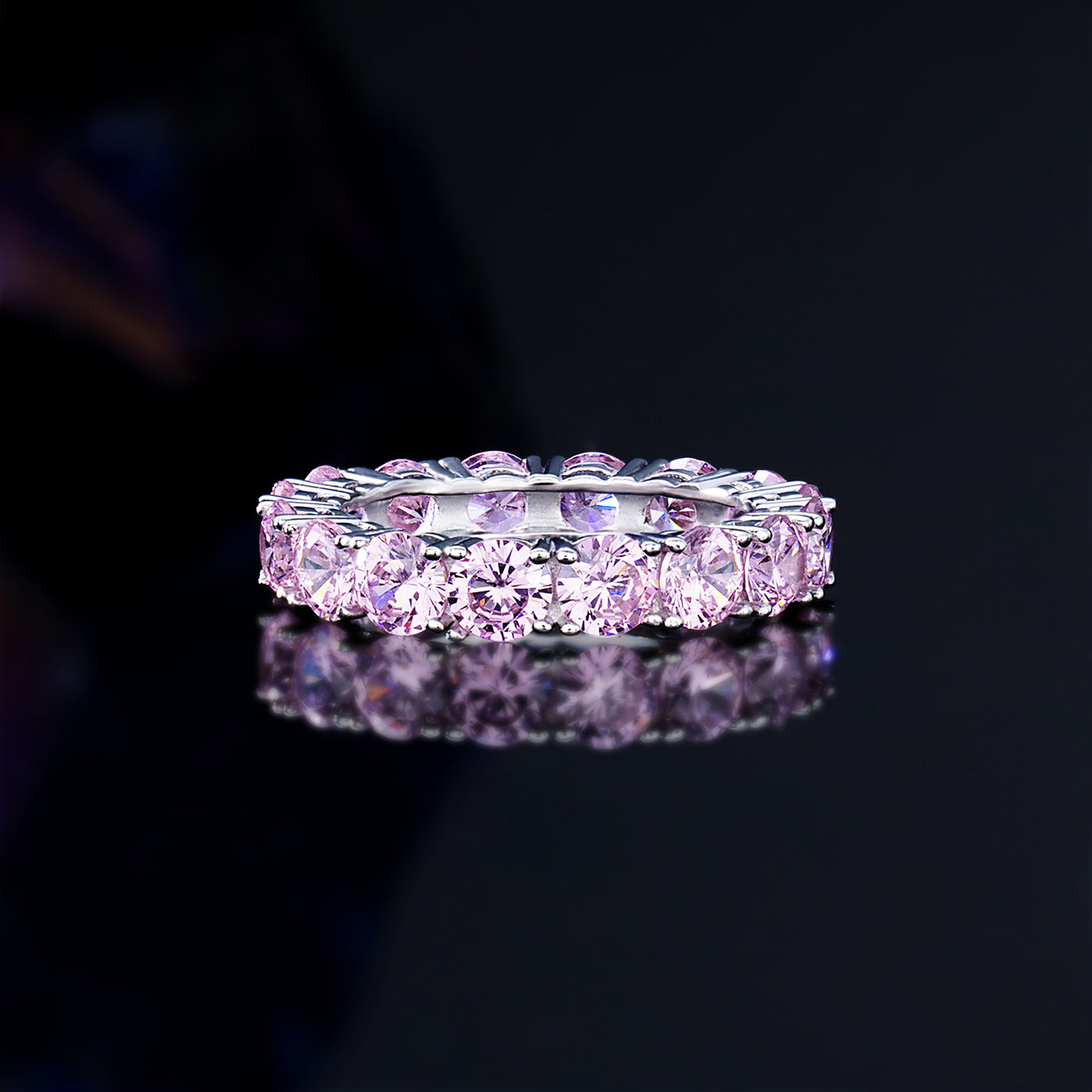 Pink Round Cut Silver Eternity Ring