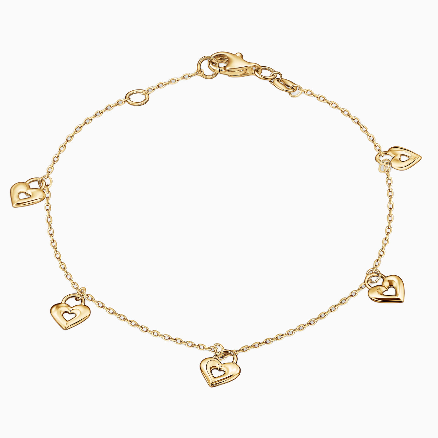 14K Solid Gold Dangling Hearts Bracelet