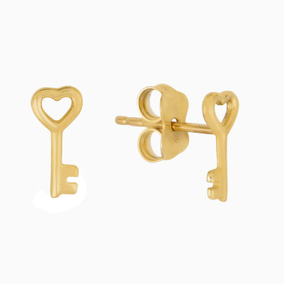 14K GOLD HEART KEY SHAPE STUD EARRINGS