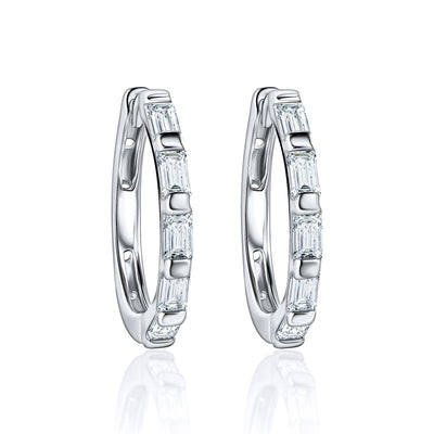 Sterling Silver Pave Baguette Stones Cubic Zirconia Huggie Hoops